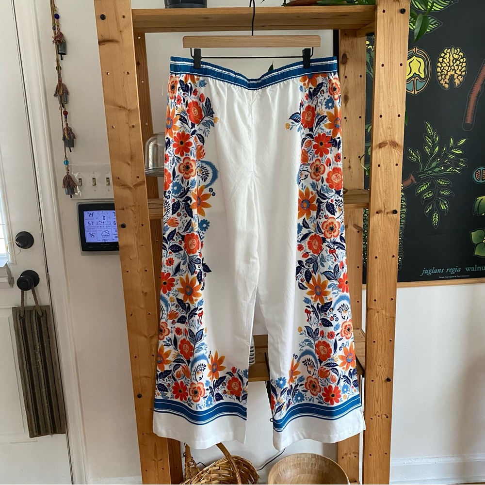 Anthropologie White Blue Orange Floral Print Pajama Pants XL - Picture 5 of 16